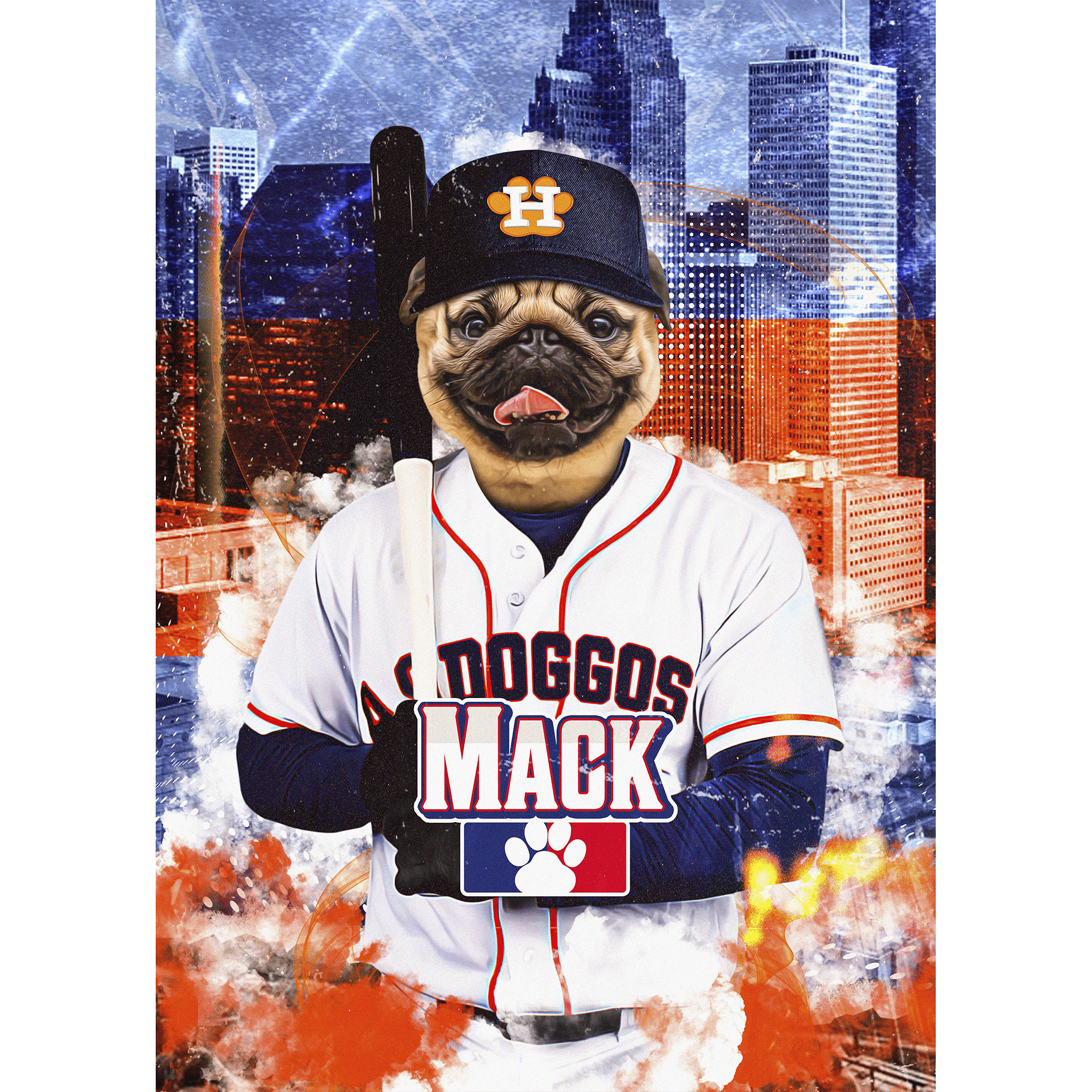 Personalized digital portrait of a pug in a Houston Astros baseball uniform with city skyline.