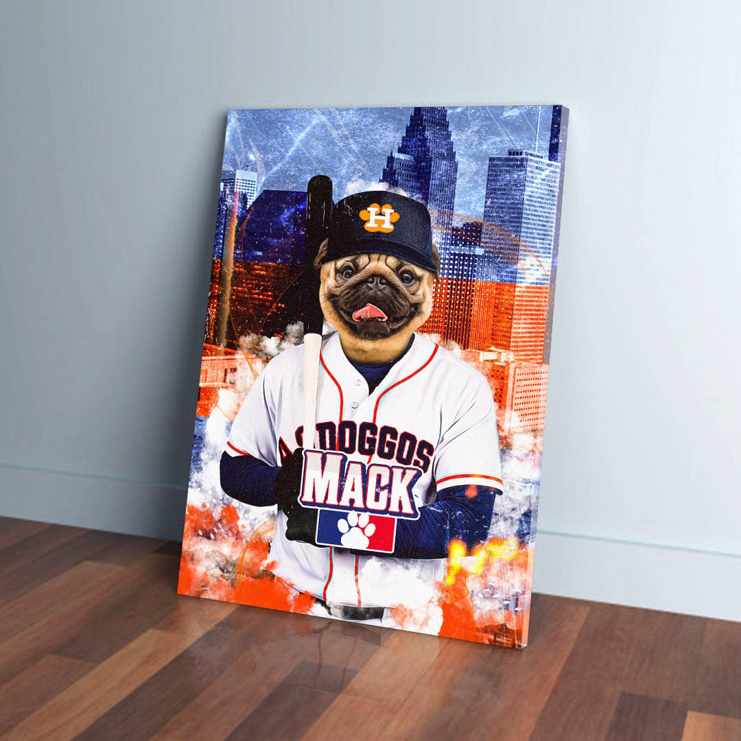 Personalized pet canvas featuring a pug in a white Houston Astros baseball uniform with a bat, against a city skyline.