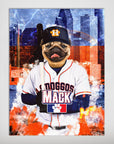 Personalized 'Houston Astro Doggos' poster featuring a pug in a baseball uniform with a bat, set against a city skyline.