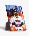 Personalized pug pet portrait on a standing canvas, dressed in a Houston Astros baseball uniform.