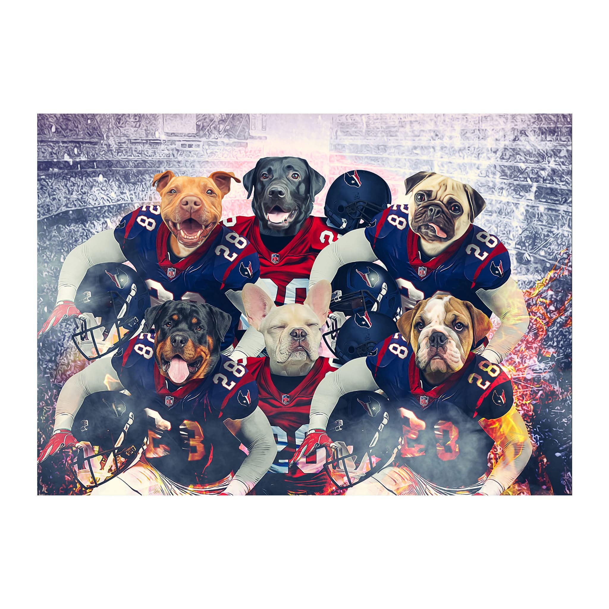 Custom digital portrait of six dogs in Houston football jerseys.