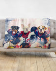 Personalized 3-pet blanket with dogs in Houston football uniforms, draped on a grey sofa.