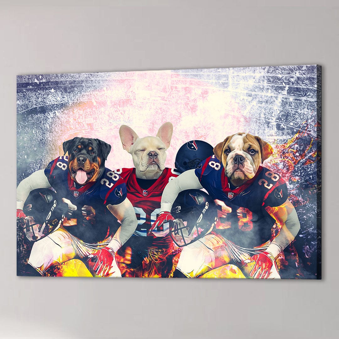 Personalized 'Houston Doggos' canvas featuring three pets in football uniforms against a stadium backdrop.