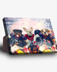 Personalized 3-pet standing canvas featuring dogs in football uniforms on a fiery field.