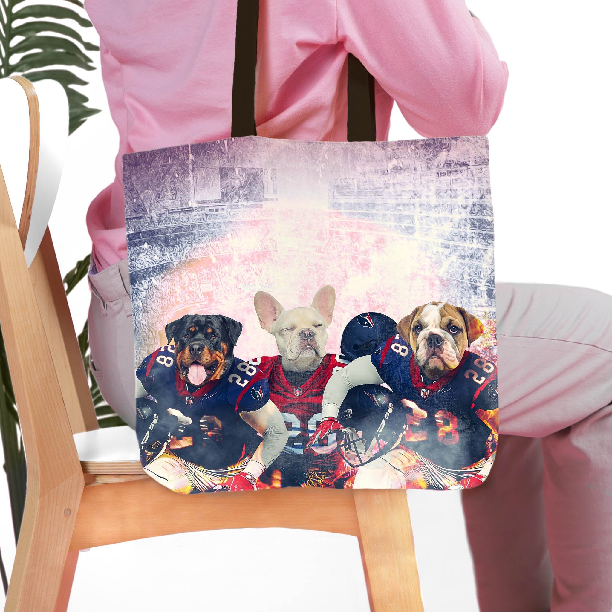 Personalized 3 pet tote bag with dogs in football jerseys at a stadium.