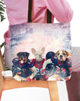 Personalized 3 pet tote bag with dogs in football jerseys at a stadium.