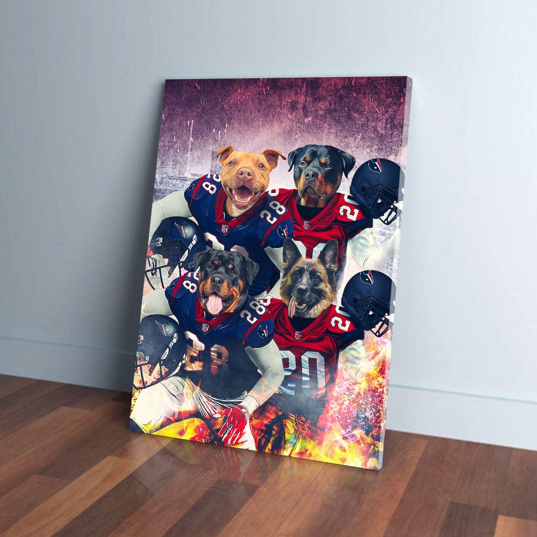 Personalized 'Houston Doggos' canvas featuring four pets as football players in red and blue jerseys.