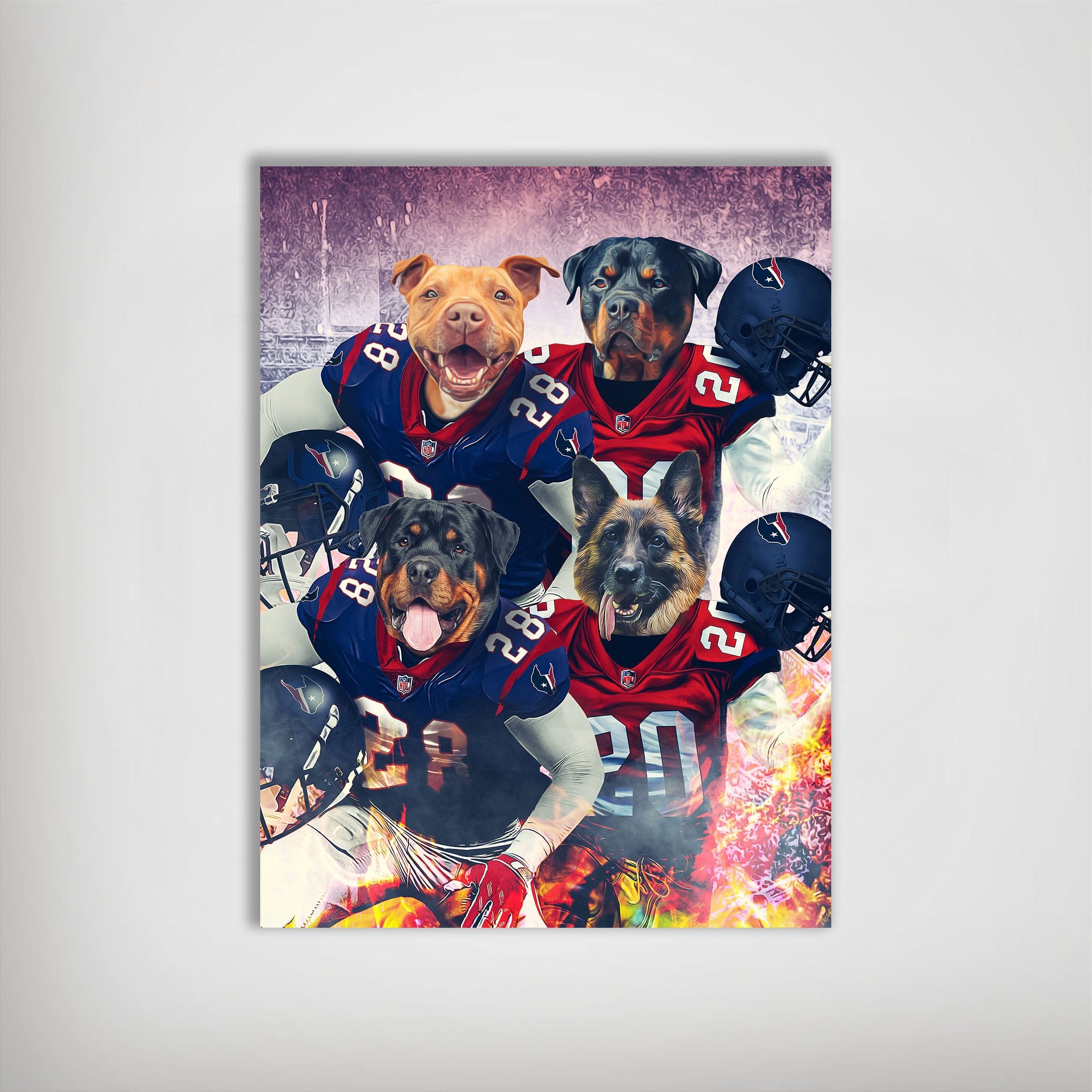 Personalized Houston Doggos 4 pet poster featuring dogs in blue and red football jerseys.