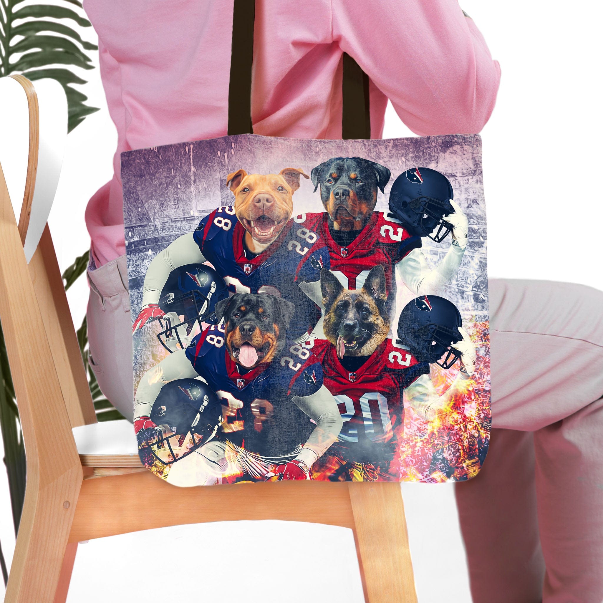 Custom 4-pet portrait tote bag featuring dogs in Houston football jerseys with helmets.