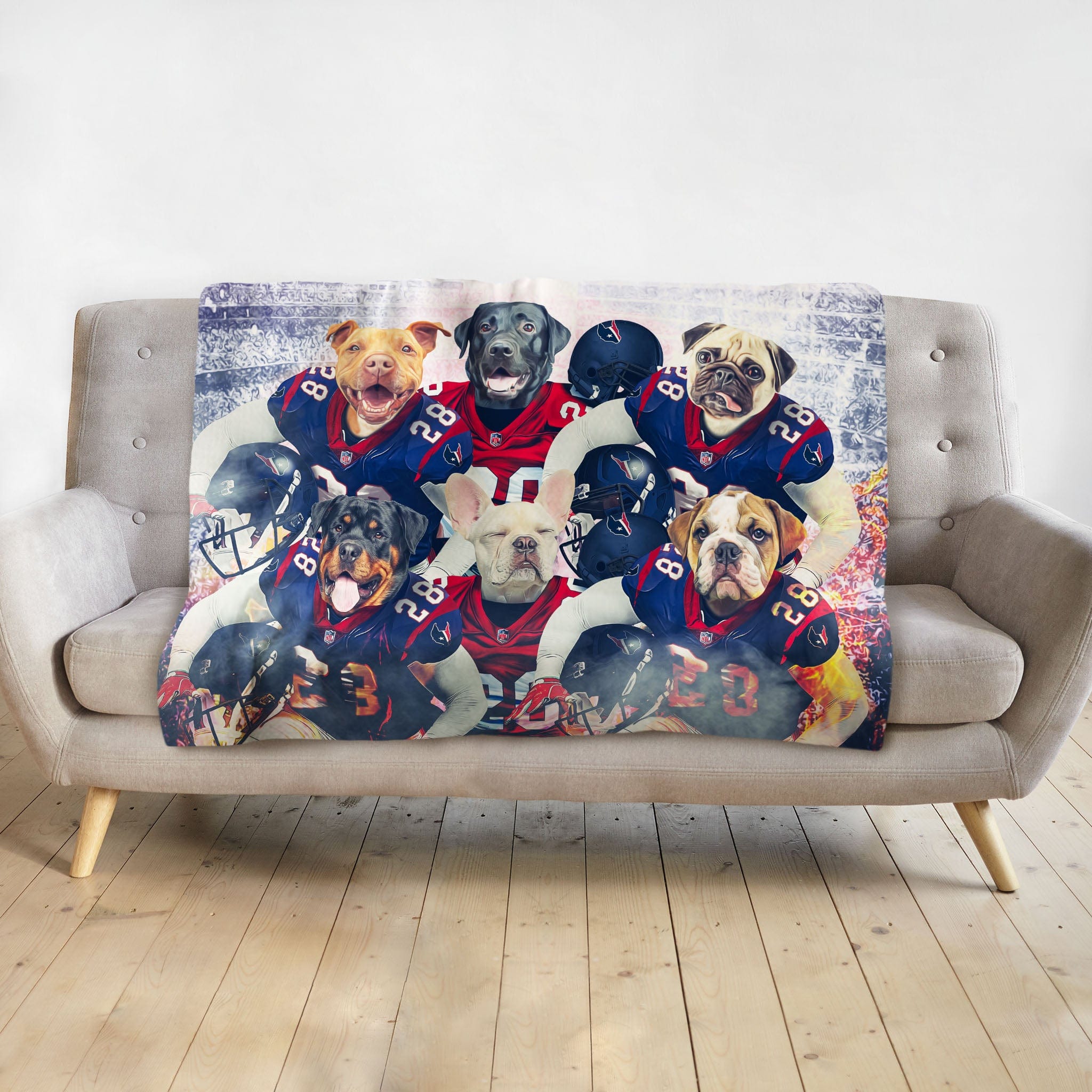 Personalized blanket with six dogs in Houston football uniforms.