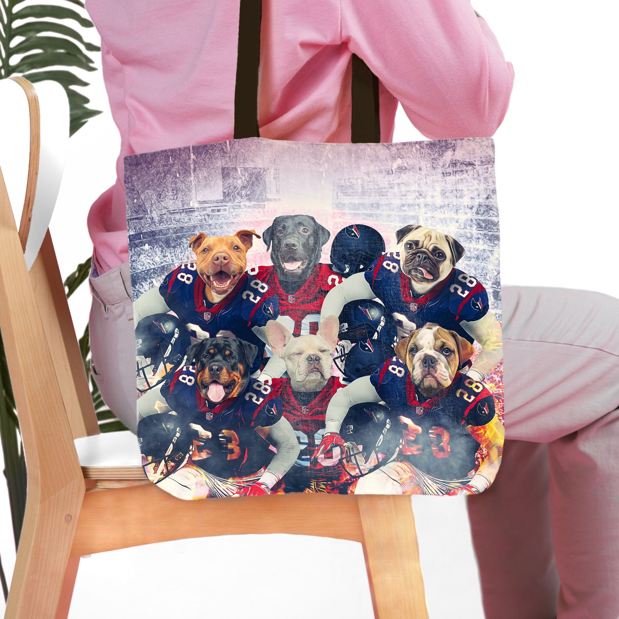 Personalized tote bag with six custom pet portraits as football players in Houston Doggos style.