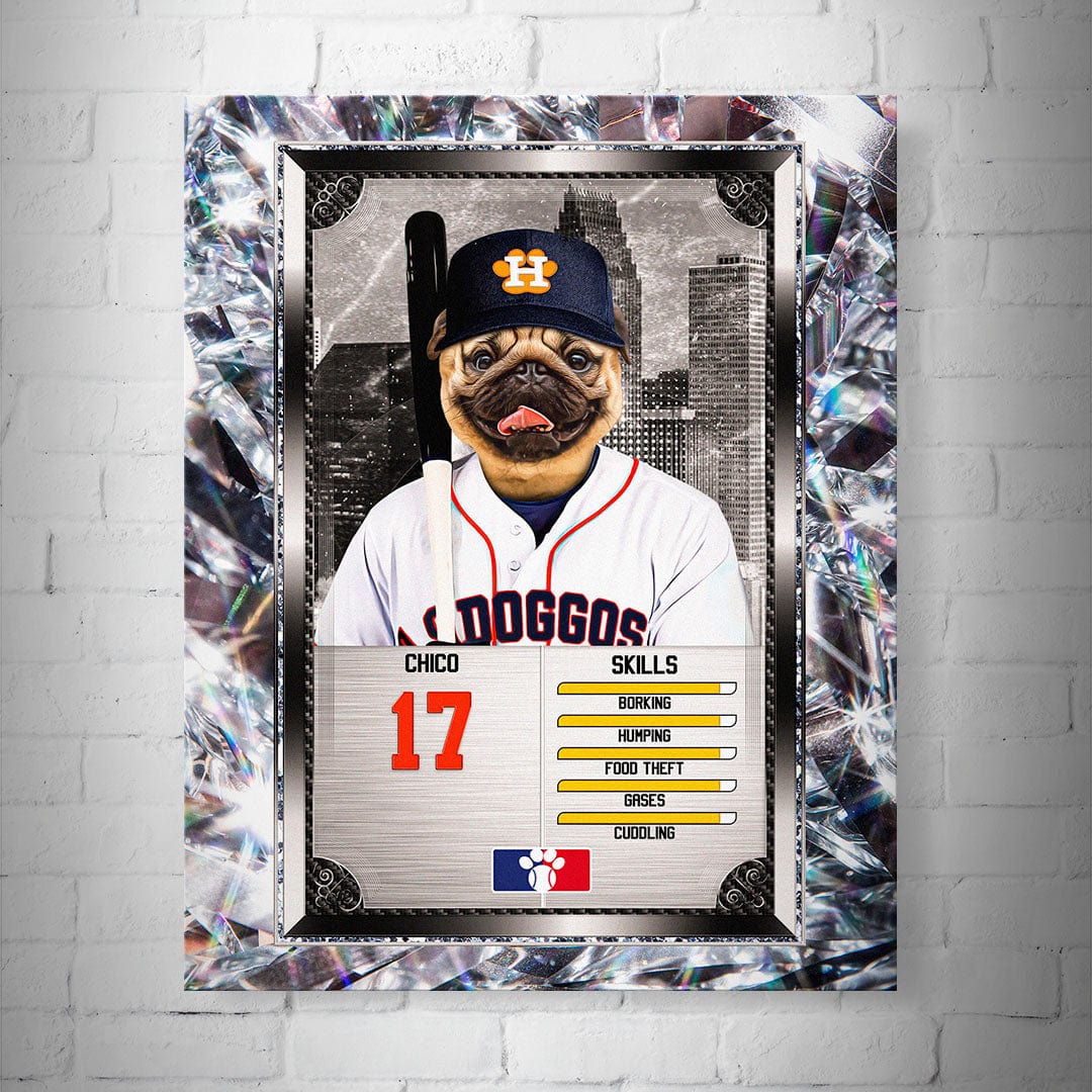 Personalized 8x10" matte baseball trading card poster featuring a pug in a white jersey and blue cap.