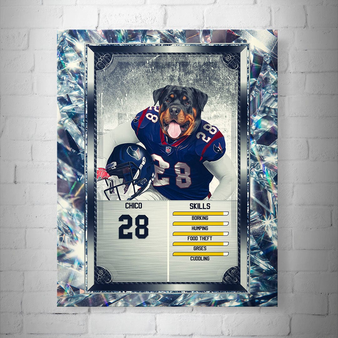 Personalized 8x10" matte poster featuring a Rottweiler in a blue football jersey with "28" and "Chico" on a diamond-framed card.