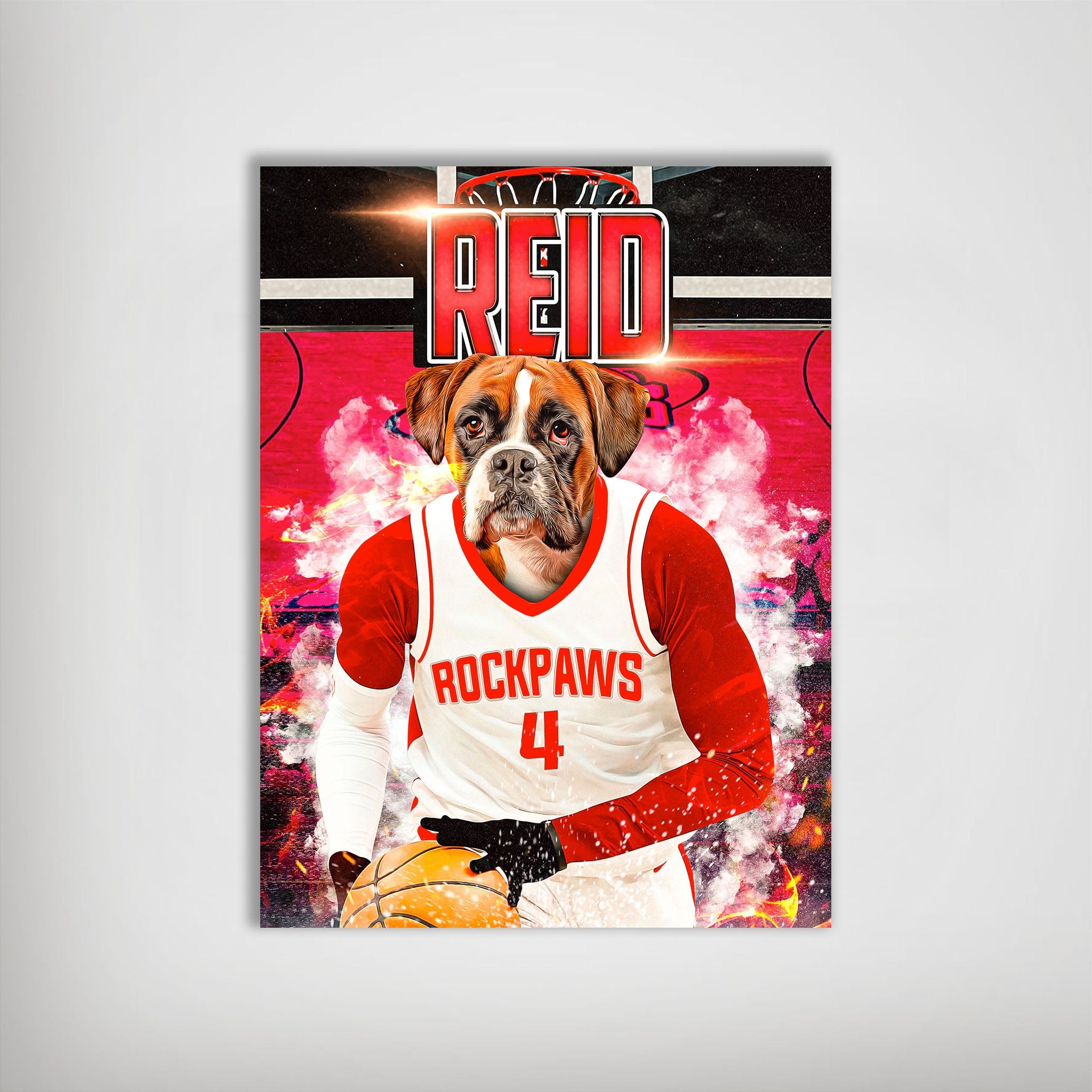 Personalized 'Houston Rockpaws' poster featuring a boxer dog in a red and white basketball jersey holding a ball.