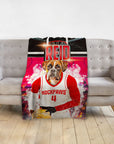 Personalized pet blanket with a boxer dog in a red basketball uniform, "Rockpaws" text, and a court background.