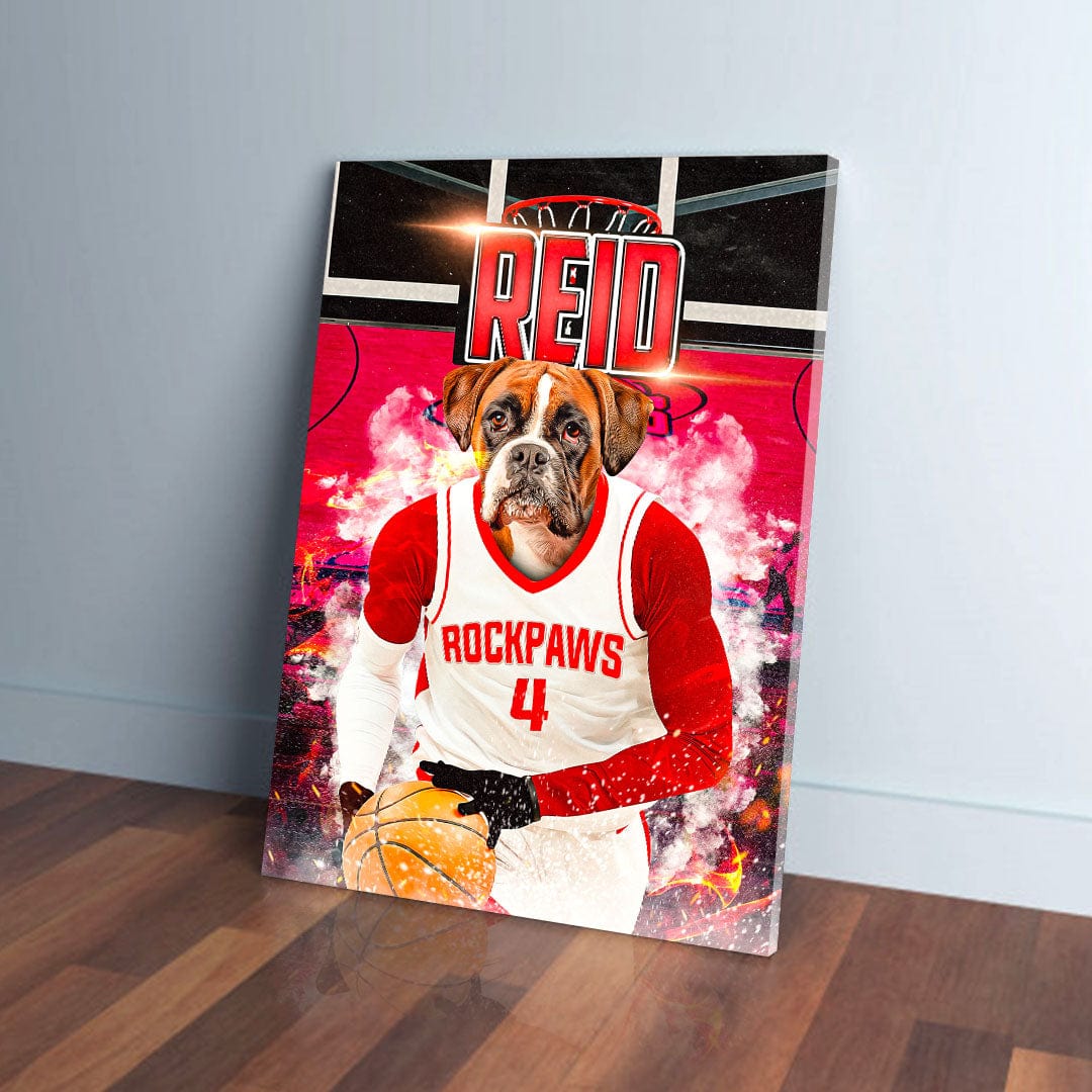 Personalized 'Houston Rockpaws' pet canvas featuring a boxer dog in a red and white basketball uniform.