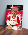 Personalized 'Houston Rockpaws' pet canvas featuring a boxer dog in a red and white basketball uniform.