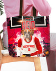 Personalized 'Houston Rockpaws' tote bag with a boxer dog pet portrait in a basketball uniform.