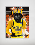Personalized matte poster featuring a black pug in a yellow Indiana Doggos basketball jersey.