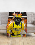 Personalized pet blanket with a black pug in a yellow Indiana Doggos basketball jersey.