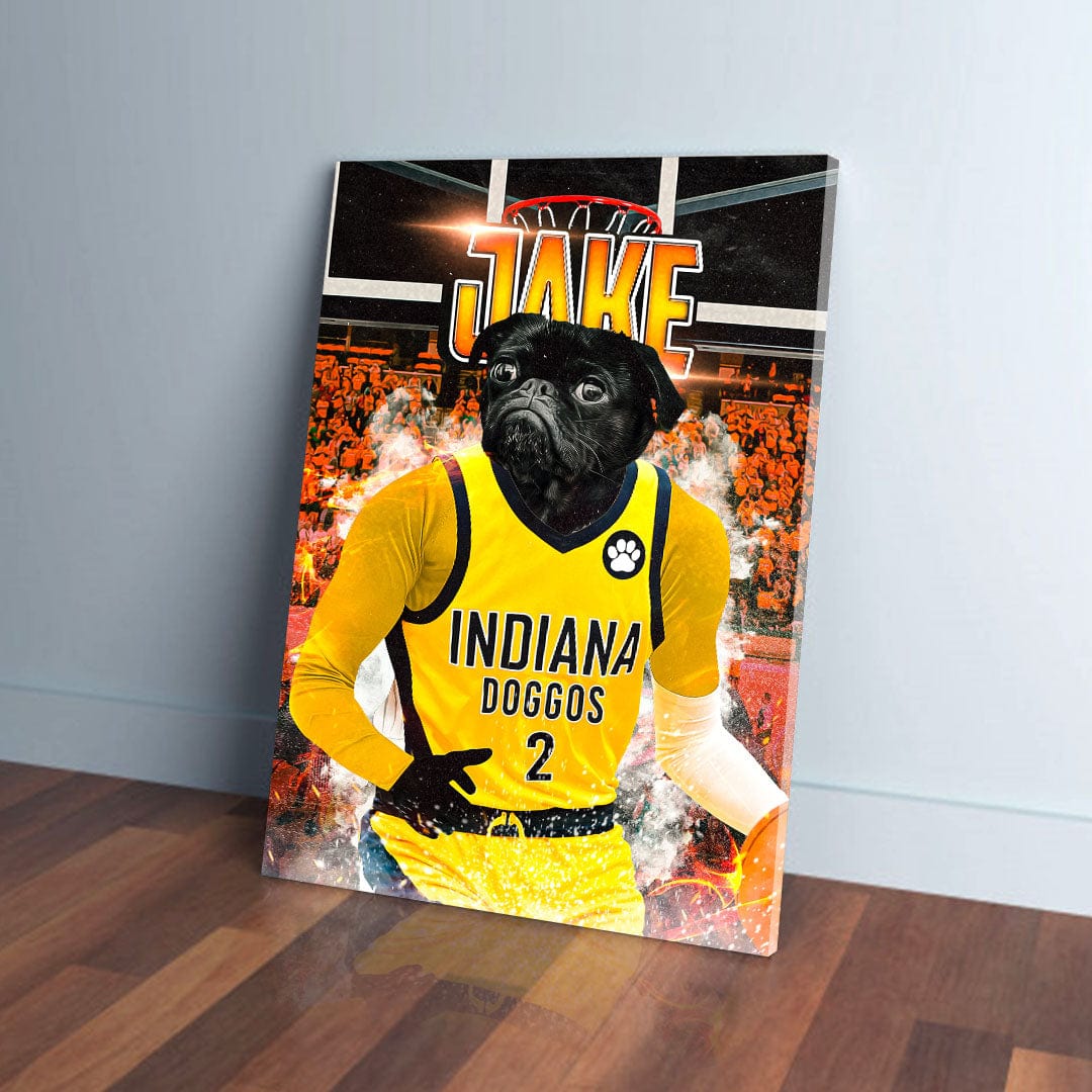 Personalized pet canvas featuring a black pug in an Indiana Pacers Doggos yellow basketball jersey.