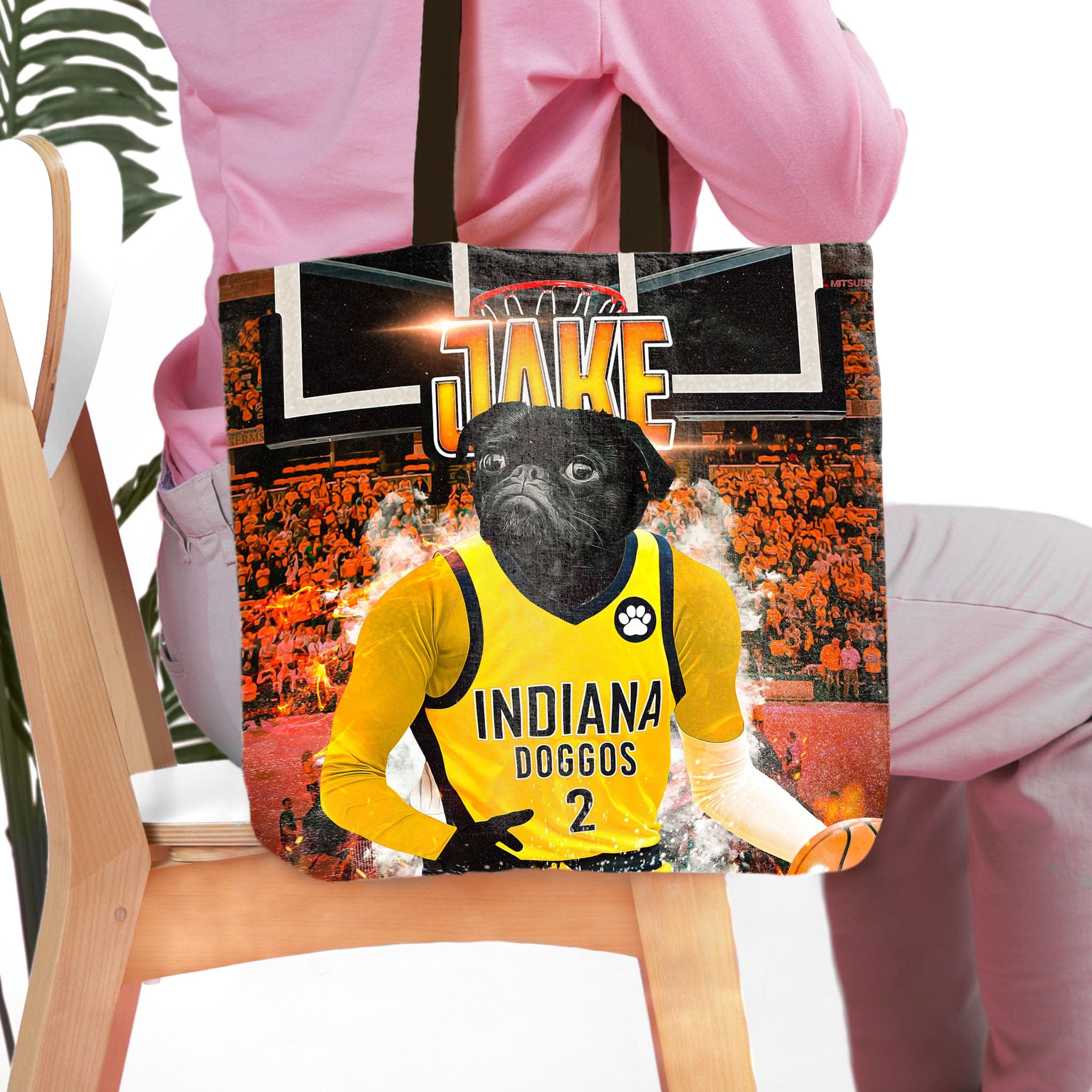 Personalized Indiana Pacers Doggos tote bag with a custom pug pet portrait in a basketball uniform.