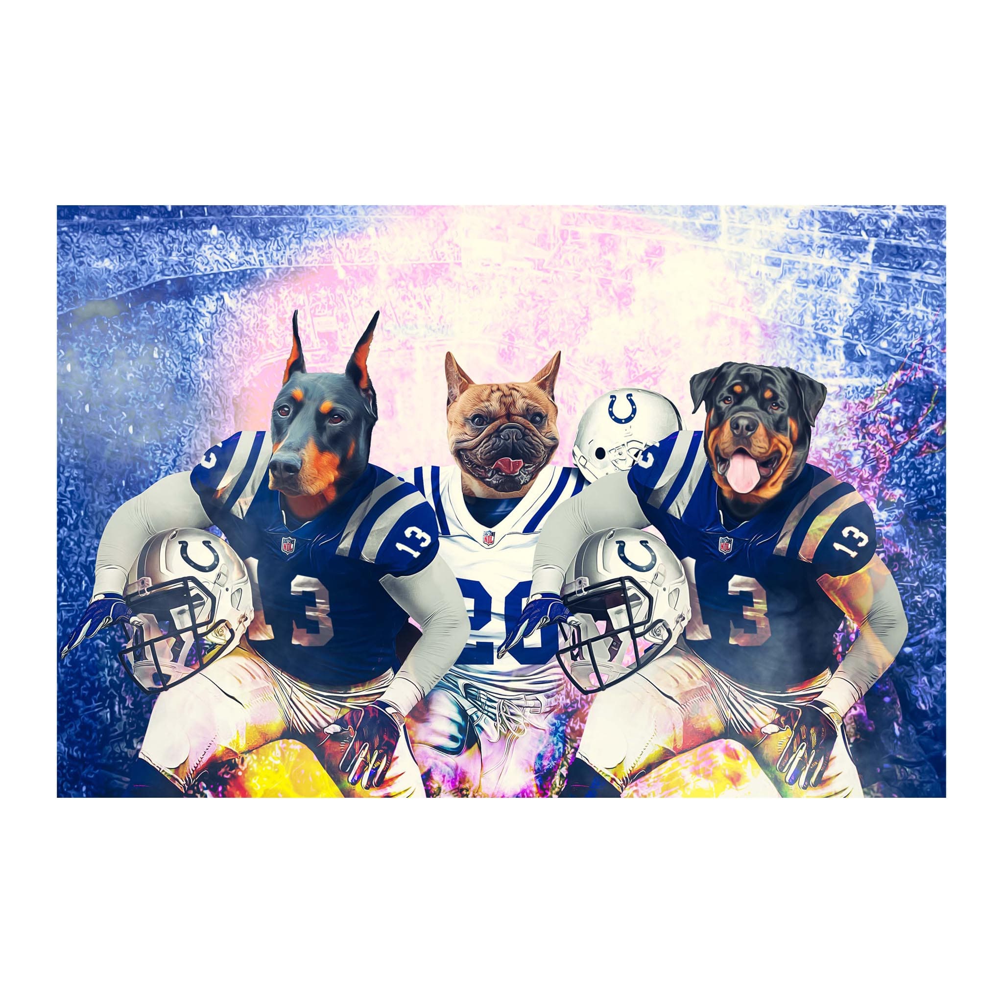 Custom digital portrait of three pets as football players in Indianapolis Colts uniforms.