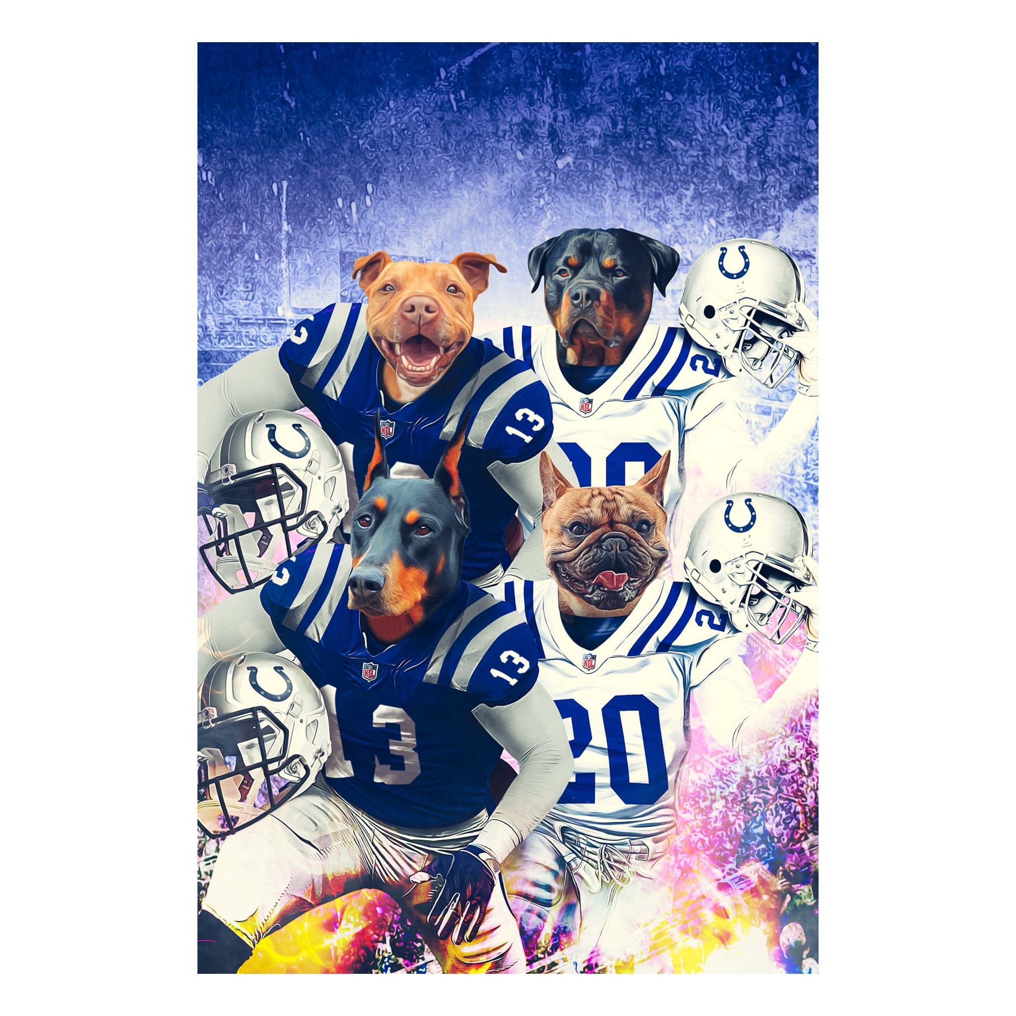 Custom digital portrait of four dogs in Indianapolis Colts football jerseys.