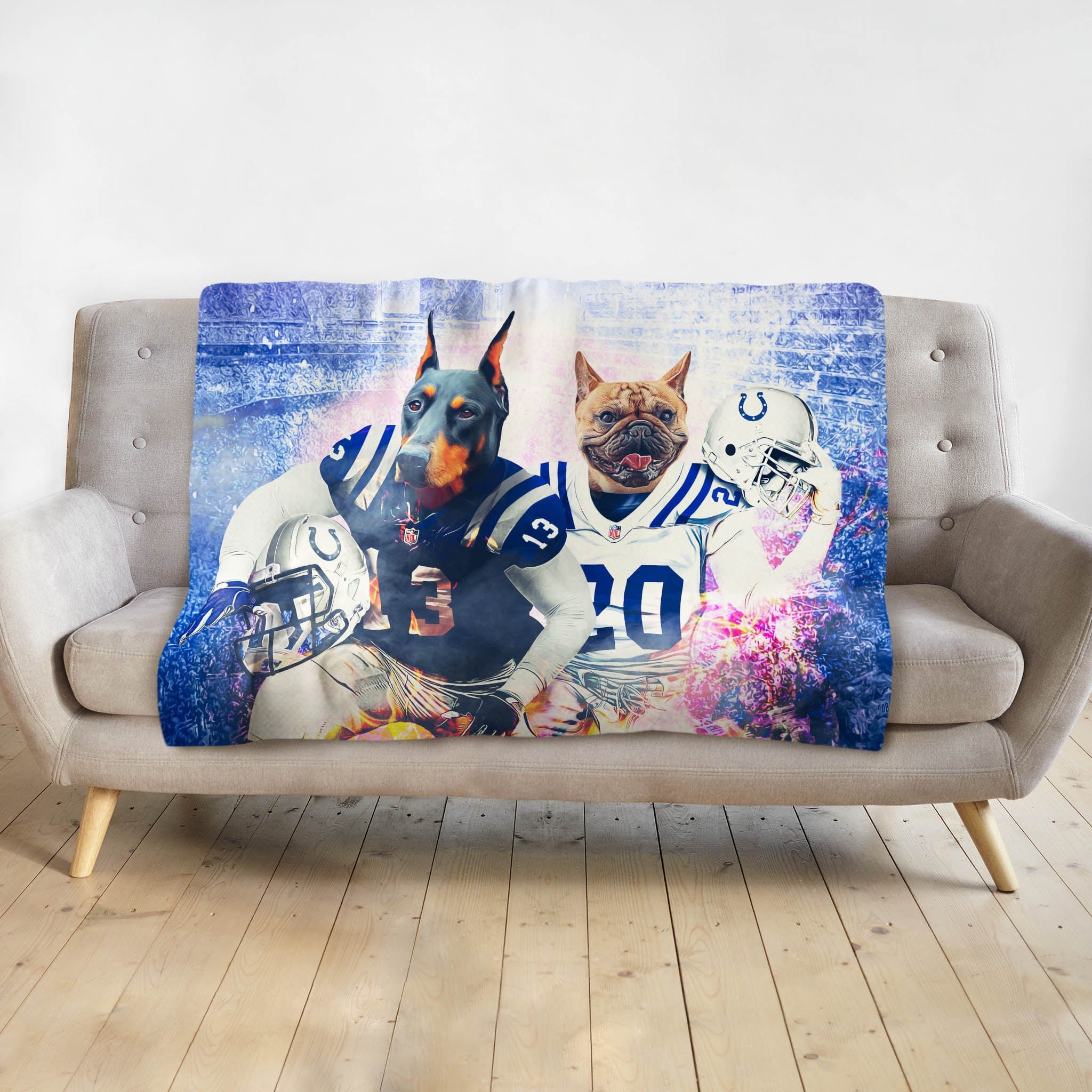 Personalized pet blanket with two dogs in Indianapolis Colts football uniforms.