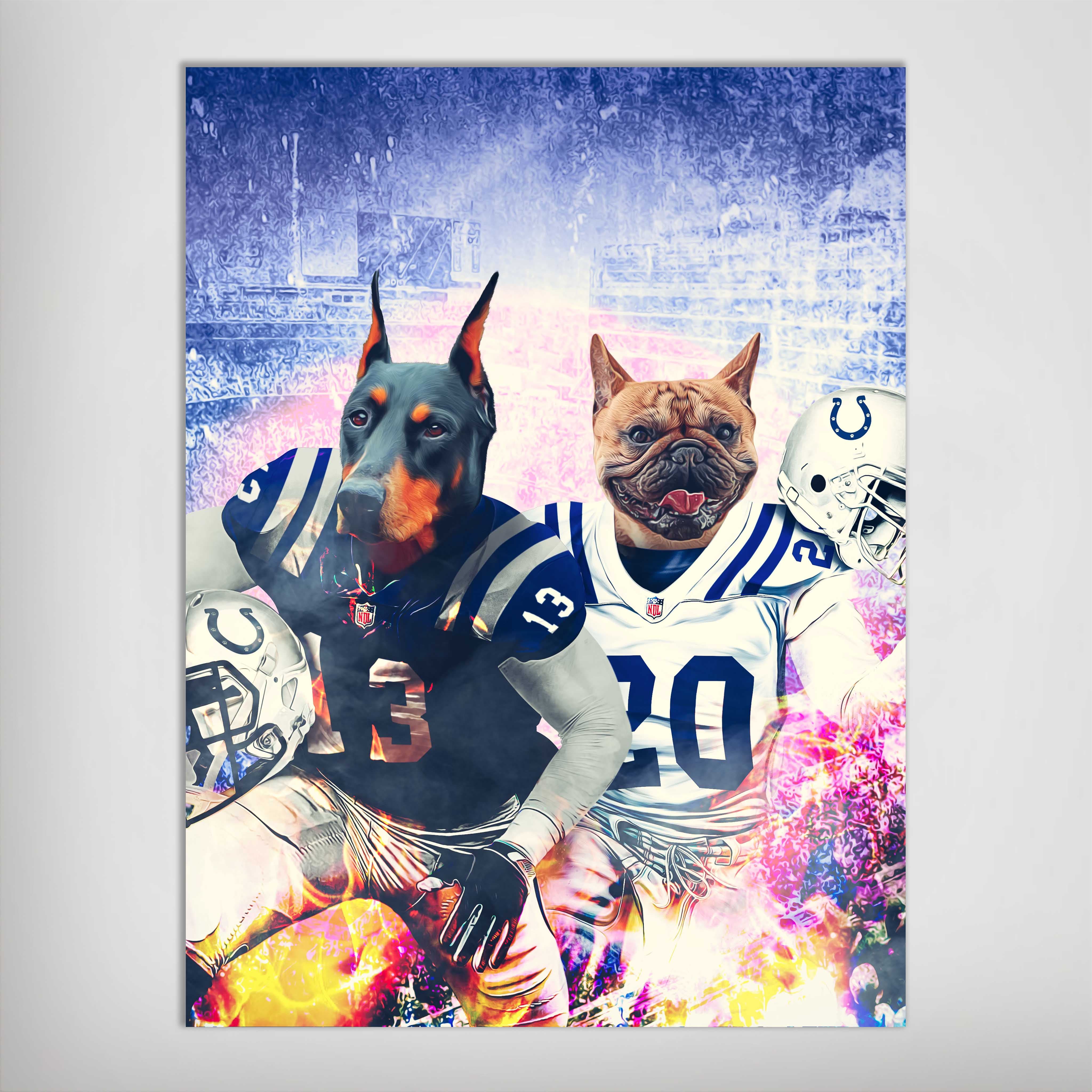 Personalized poster featuring a Doberman and French Bulldog in Indianapolis Colts football uniforms.