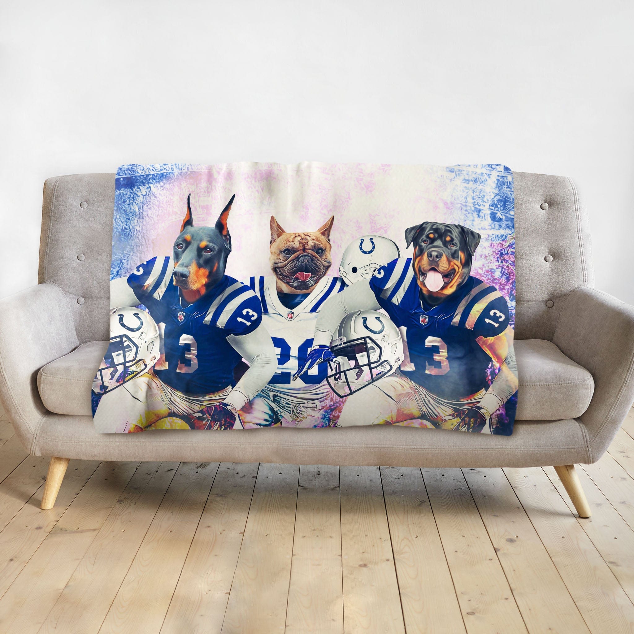 Personalized 3-pet blanket featuring a Doberman, French Bulldog, and Rottweiler in football uniforms.