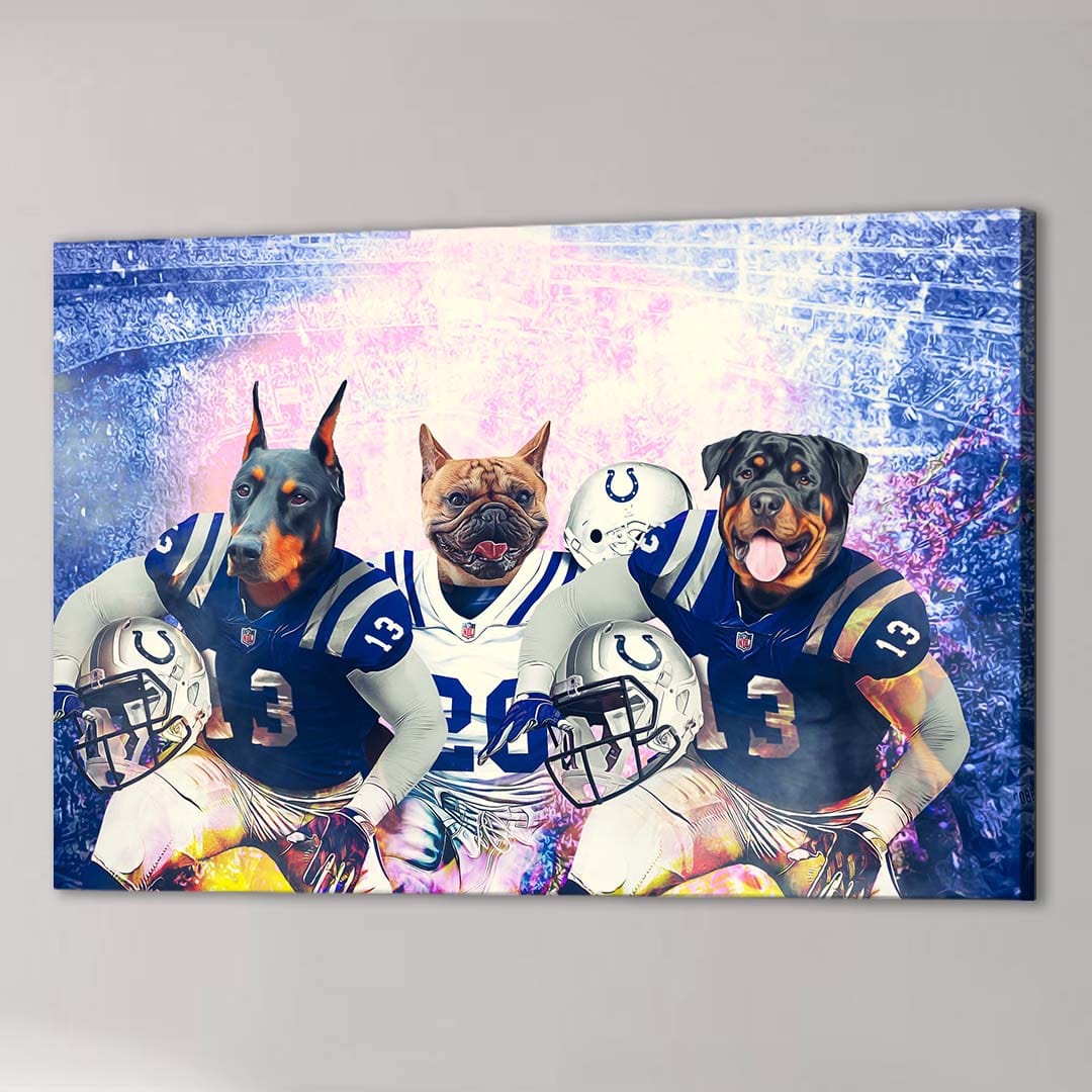 Personalized 3-pet canvas featuring dogs in blue and white football uniforms with helmets.