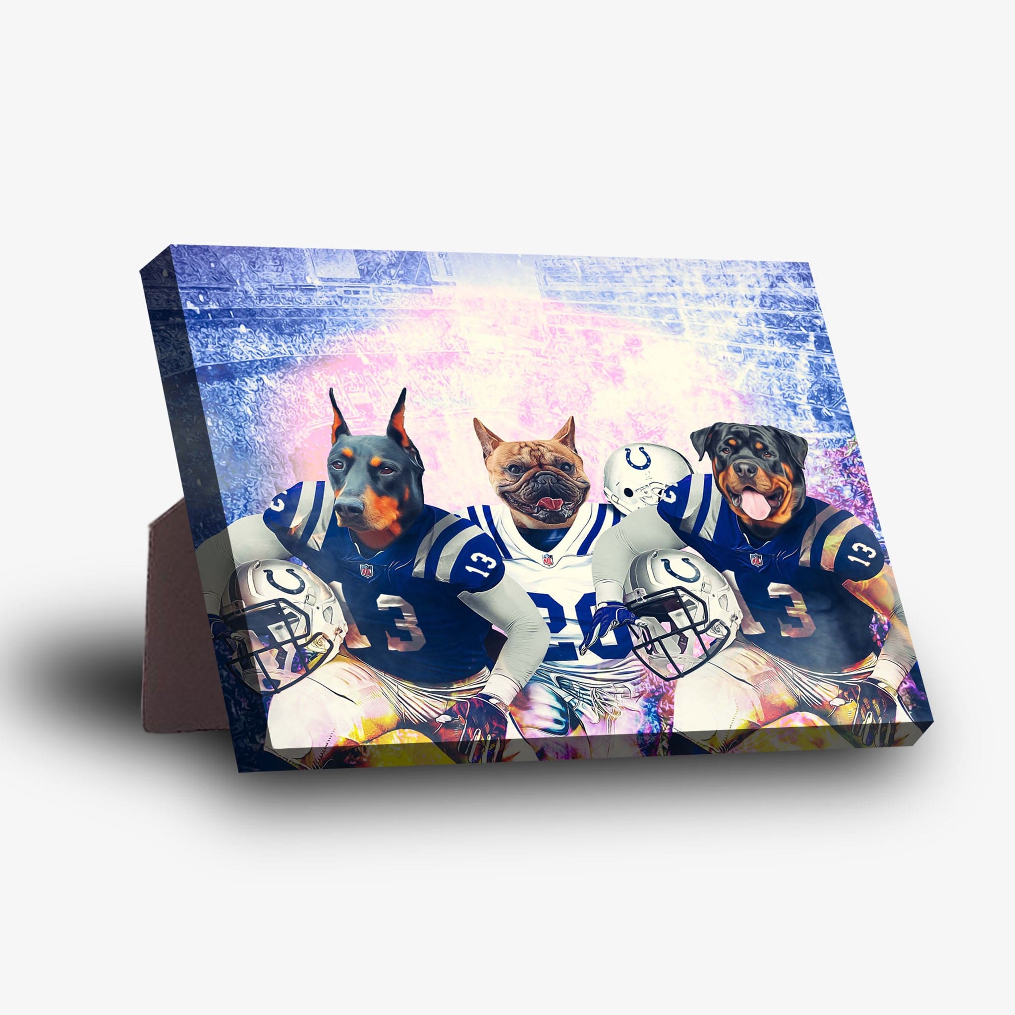 Personalized 3-pet standing canvas featuring a Doberman, French Bulldog, and Rottweiler in blue and white football uniforms.
