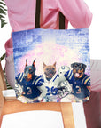 Personalized 3-pet tote bag featuring custom dog portraits in Indianapolis Colts football uniforms.