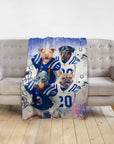 Personalized 4-pet blanket with dogs in blue and white football uniforms.