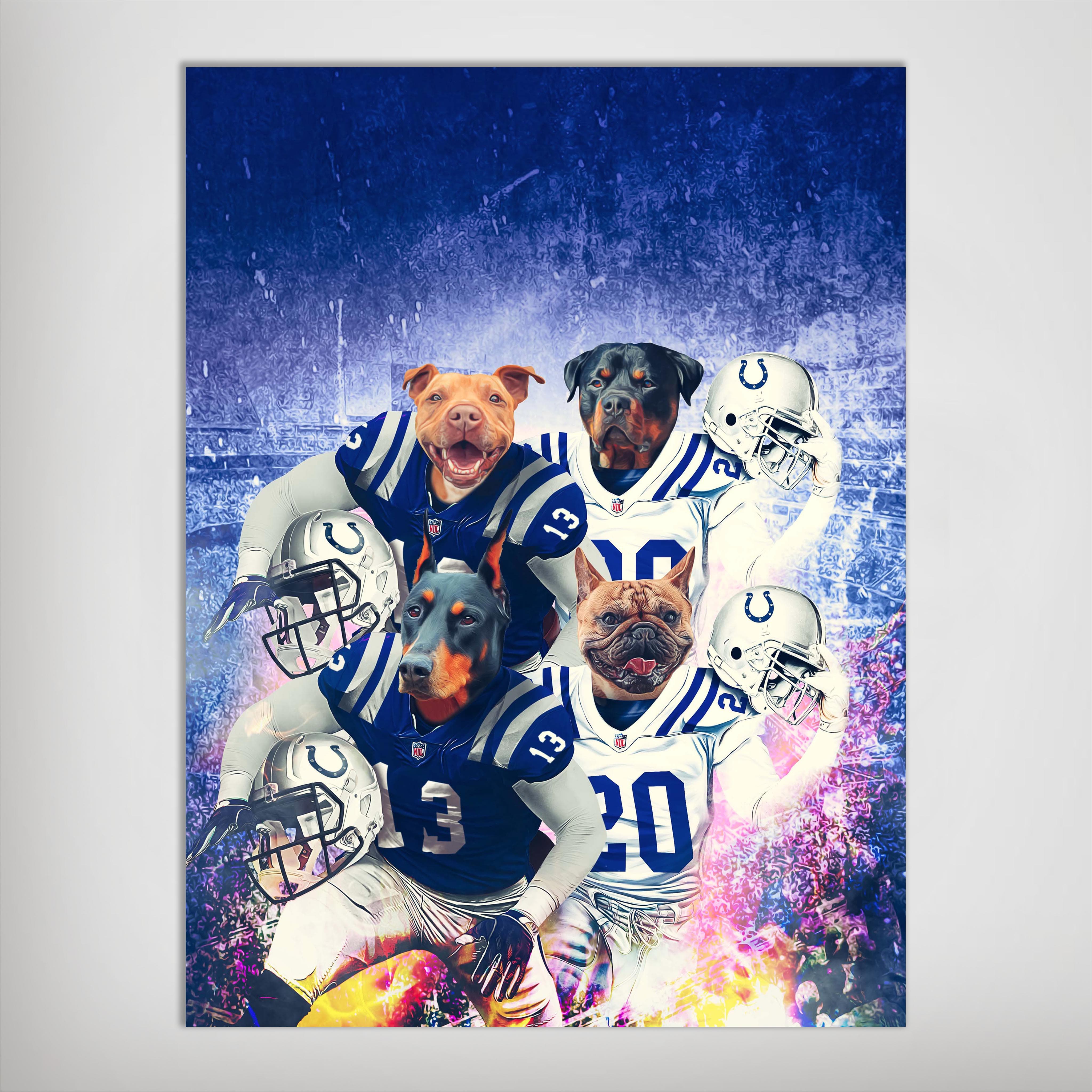 Personalized 'Indianapolis Doggos' poster featuring four pets in football uniforms with helmets on a blue background.