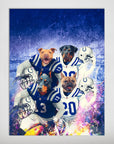 Personalized 'Indianapolis Doggos' poster featuring four pets in football uniforms with helmets on a blue background.