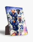 Four personalized pet portraits on a standing canvas, featuring dogs in blue and white football jerseys.