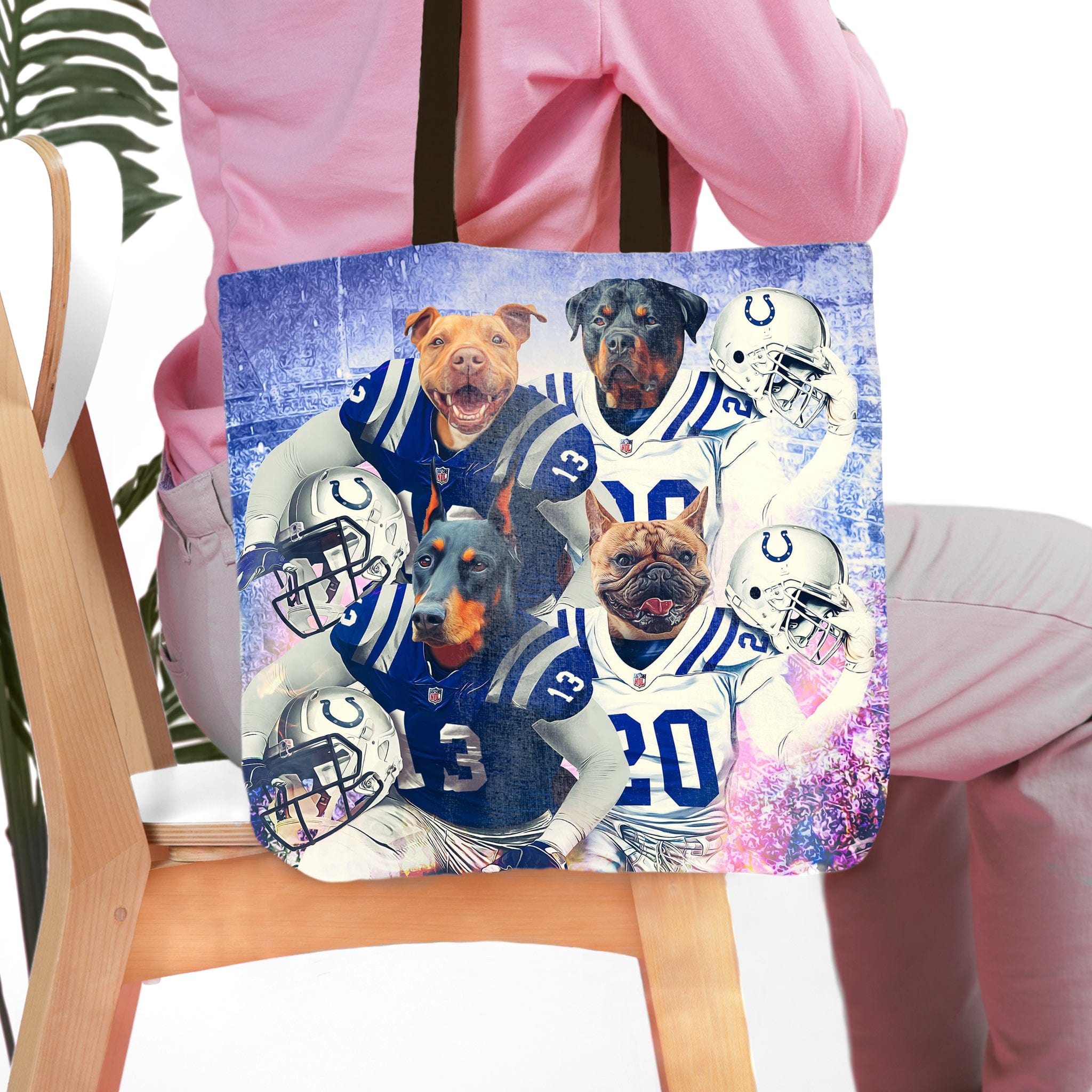 Personalized 4-pet tote bag featuring dogs in Indianapolis Colts football uniforms.