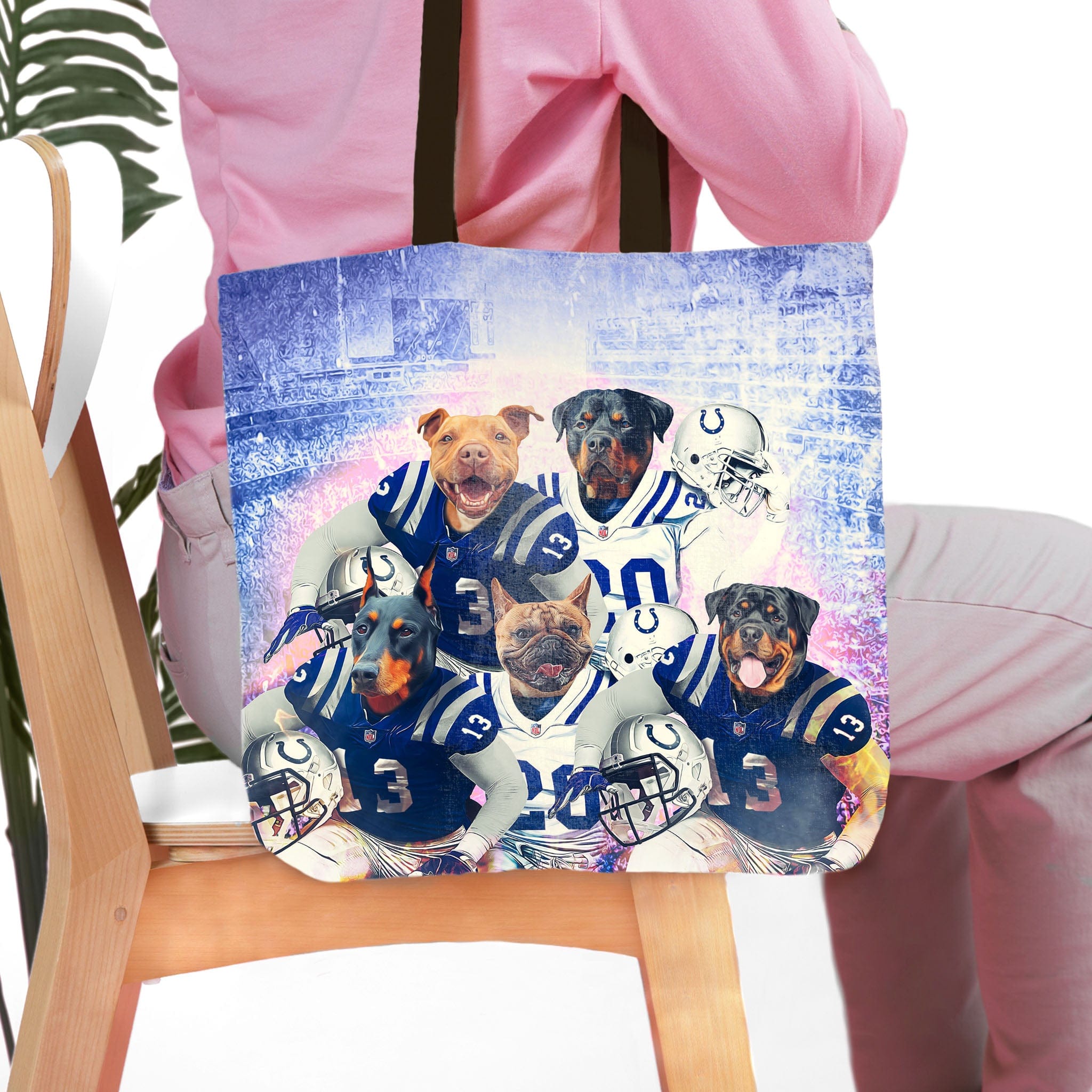 Personalized 5-pet tote bag featuring dogs in Indianapolis Colts football uniforms.