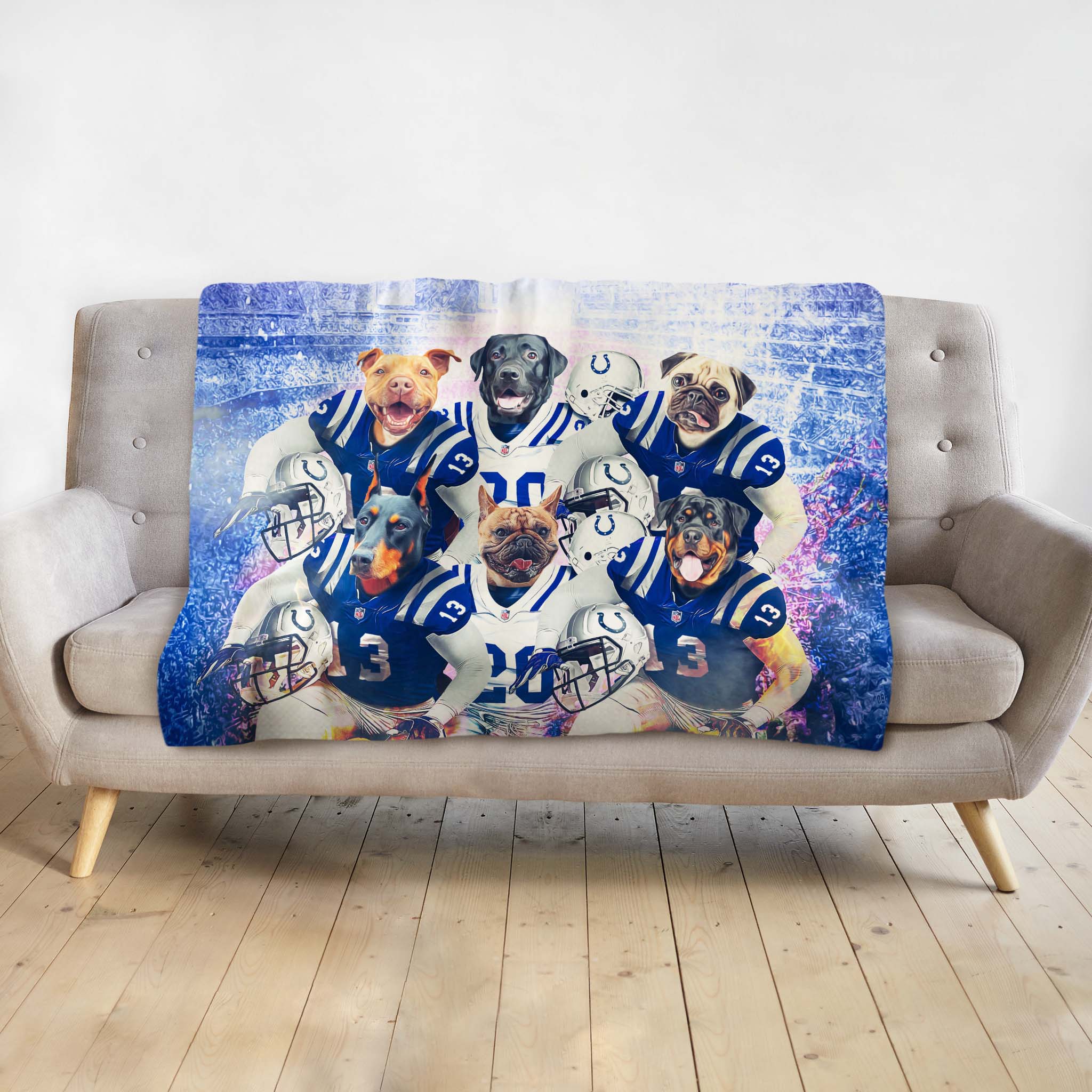 Personalized 6-pet blanket with dogs in Indianapolis Colts football uniforms.