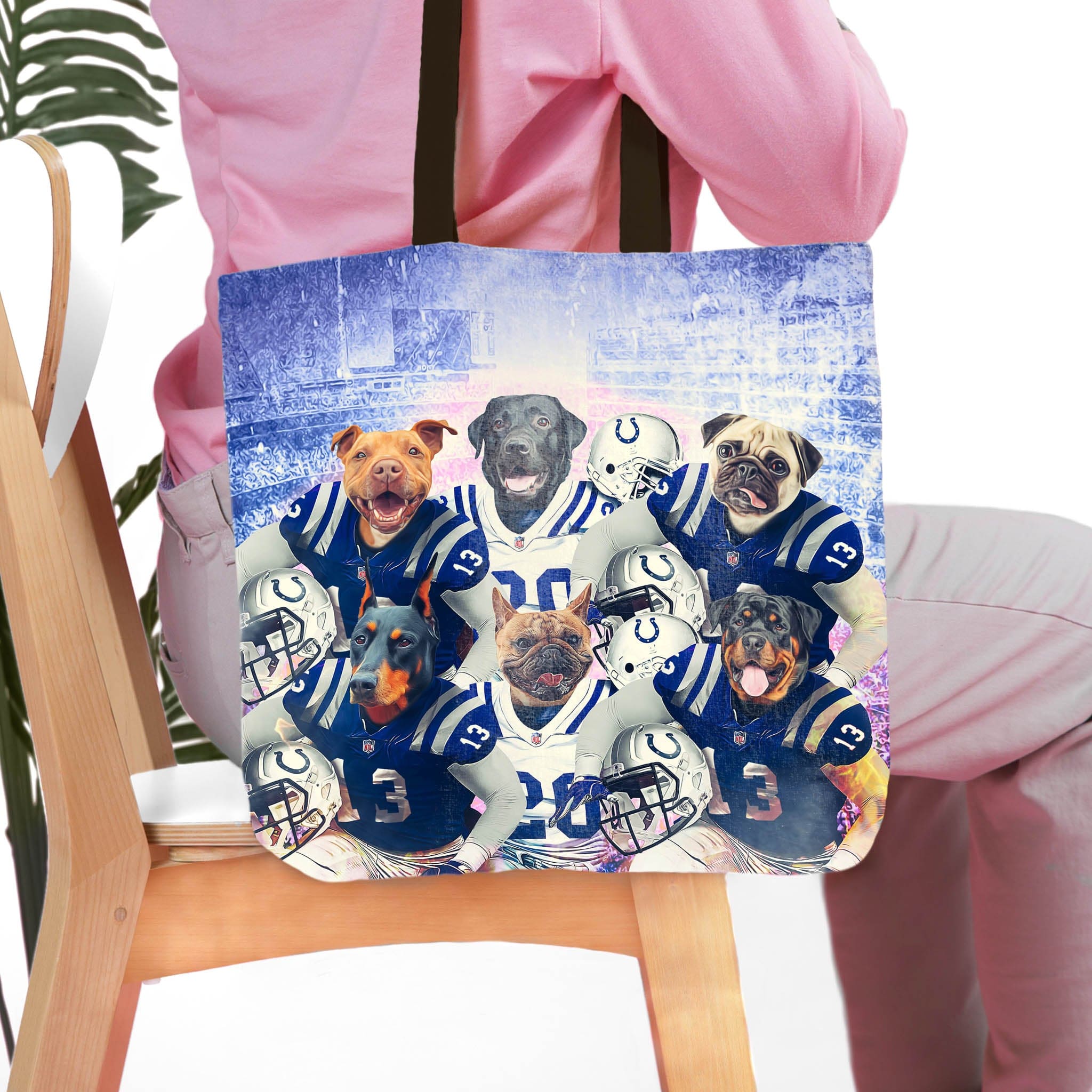 Personalized 6-pet tote bag featuring dogs in Indianapolis Colts football uniforms.