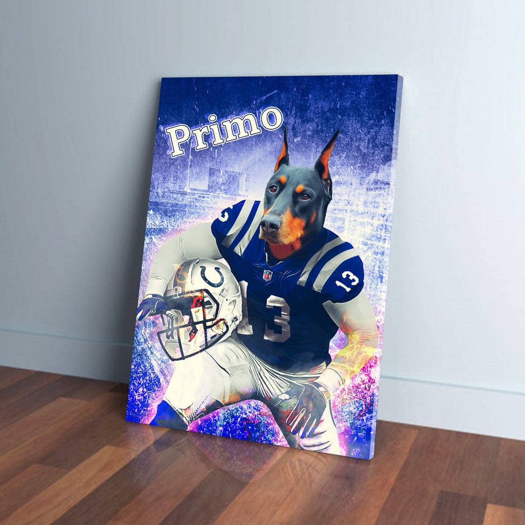Personalized canvas featuring a Doberman in a blue Indianapolis Colts football uniform, holding a helmet.