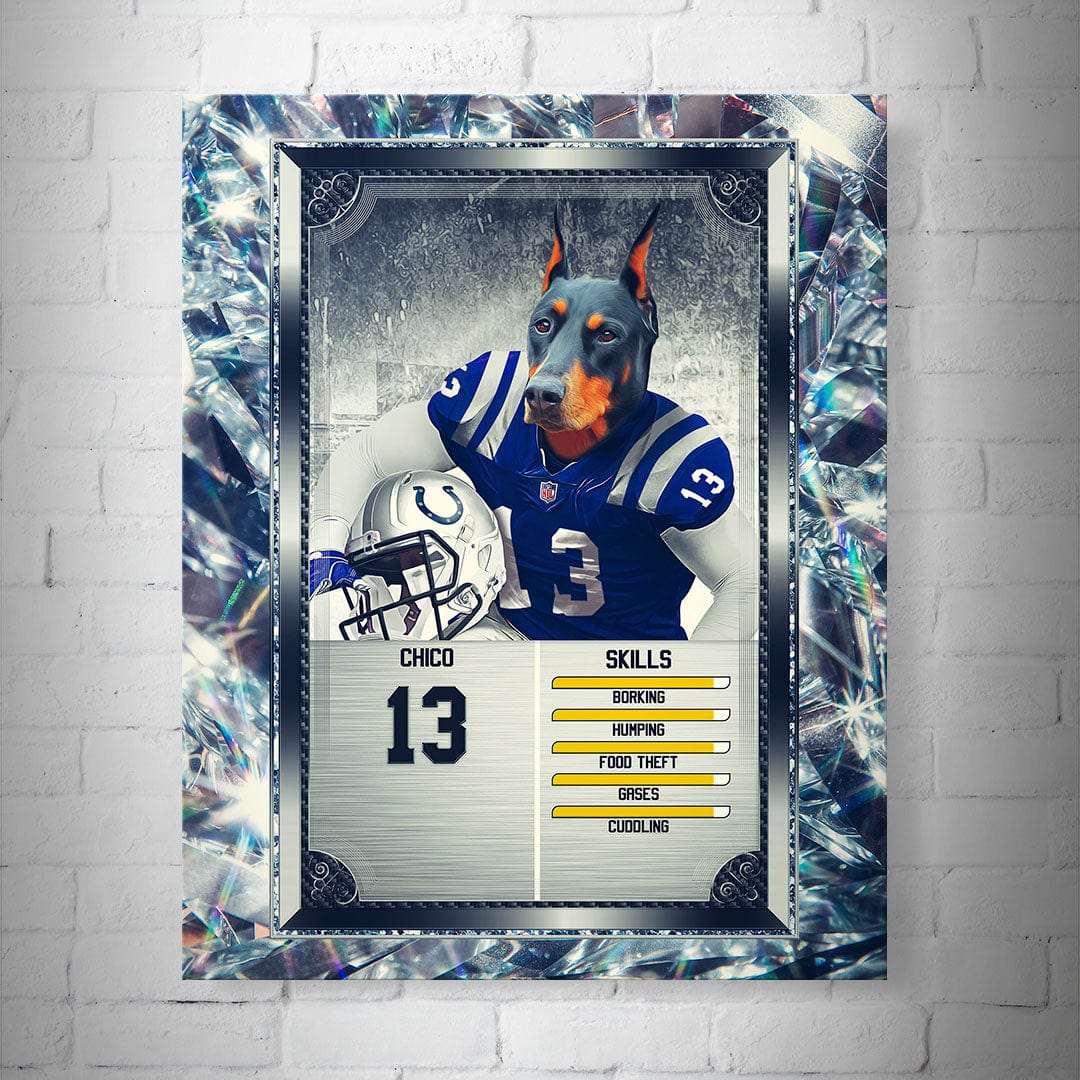 Personalized 8x10" matte poster featuring a Doberman in a blue football jersey, number 13, with custom pet skills.