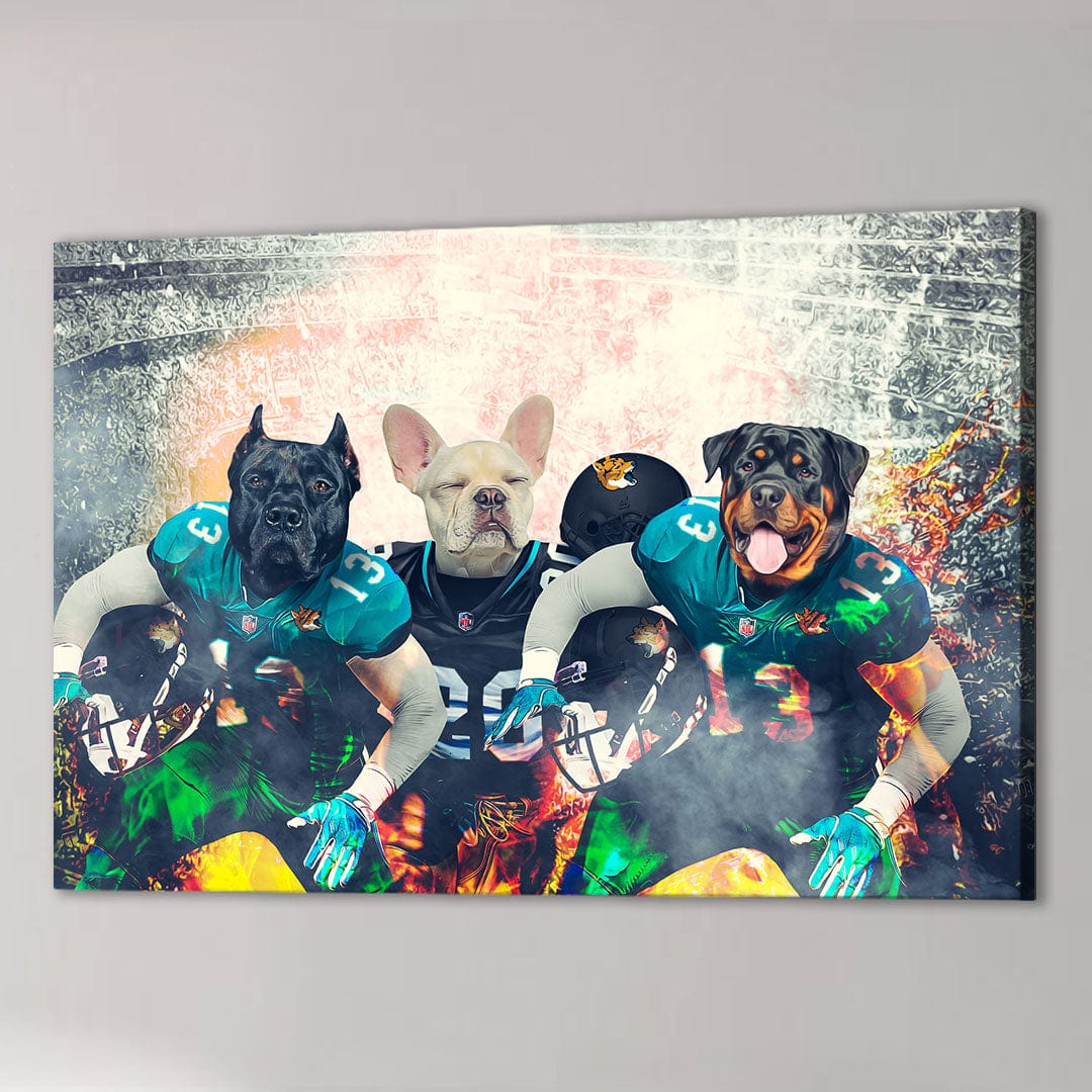 Personalized 'Jacksonville Doggos' canvas featuring three pets as football players in teal and black jerseys.