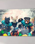 Personalized 'Jacksonville Doggos' canvas featuring three pets as football players in teal and black jerseys.
