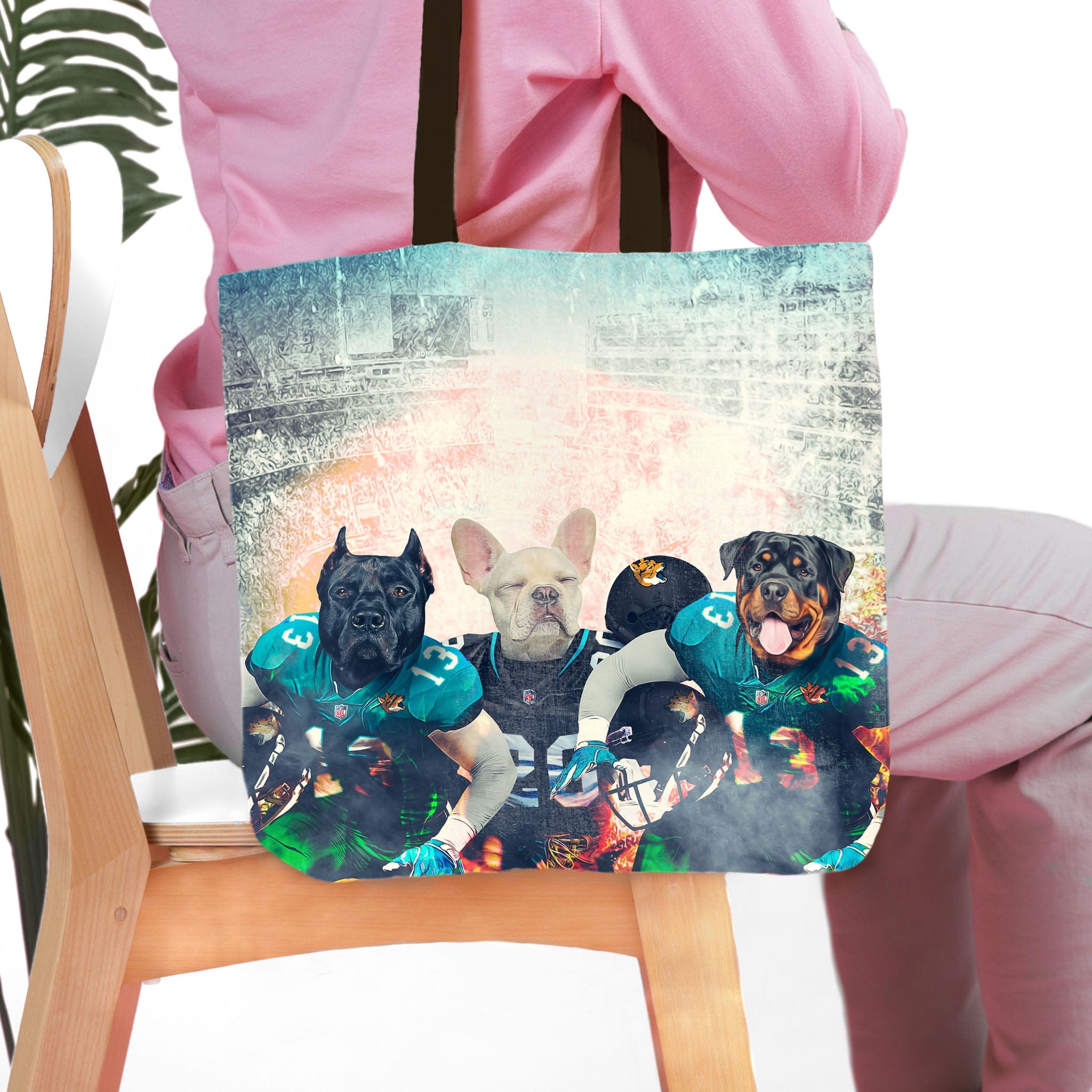 Personalized 3 pet portrait tote bag featuring dogs in Jacksonville Doggos football uniforms.