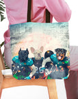 Personalized 3 pet portrait tote bag featuring dogs in Jacksonville Doggos football uniforms.