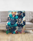 Personalized 4-pet blanket with dogs in Jacksonville Doggos football uniforms.