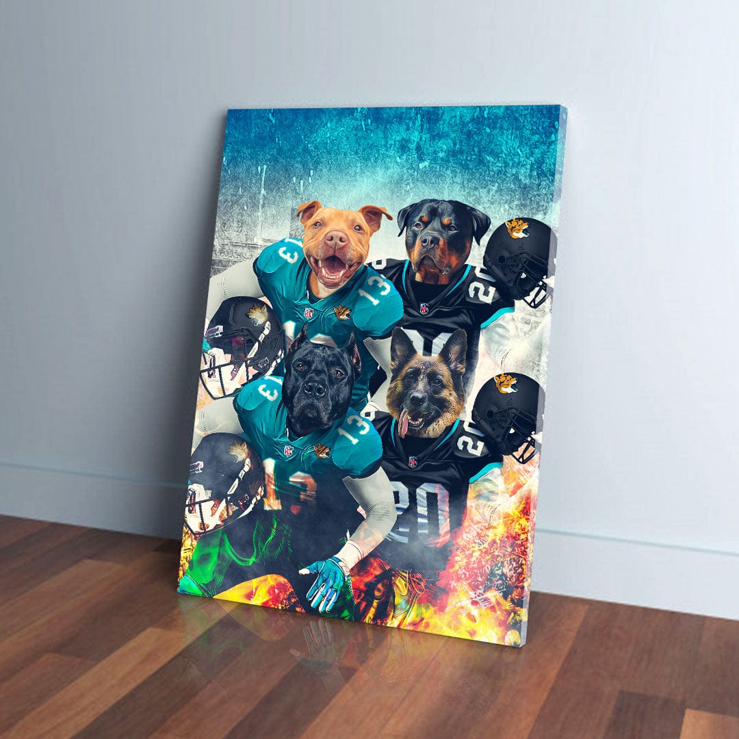Personalized canvas featuring four dogs in Jacksonville Doggos football jerseys and helmets.